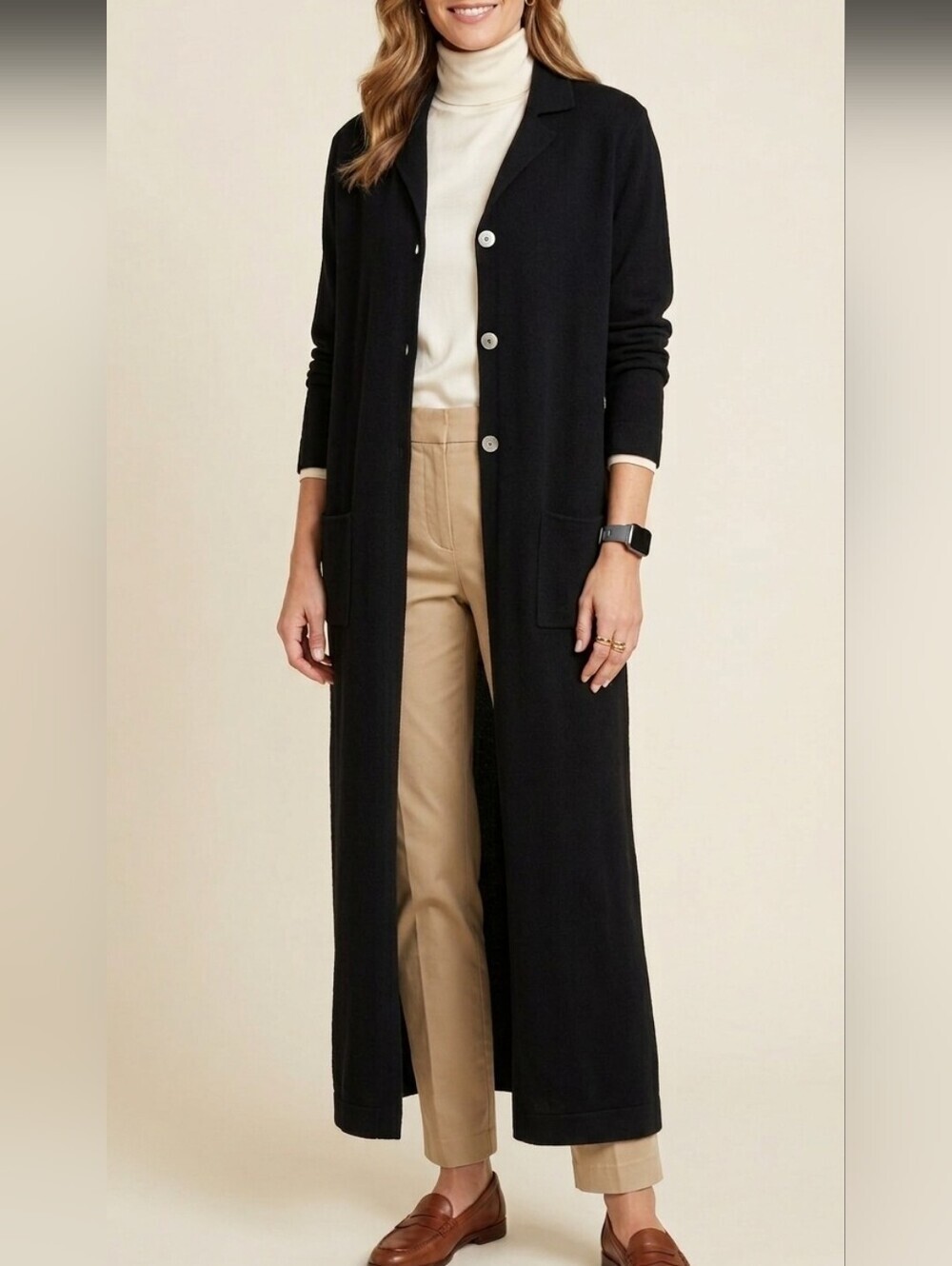 Black Merino Wool Blend Maxi Length Cardigan UK Size 10 US Size 6 Fits Small